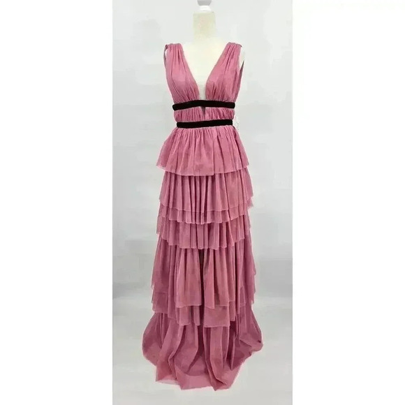 Dear Moon Junior 3 Mauve Deep V-Neck Shirred Bodice To Tiered Tulle Ballgown NWT - Picture 1 of 11